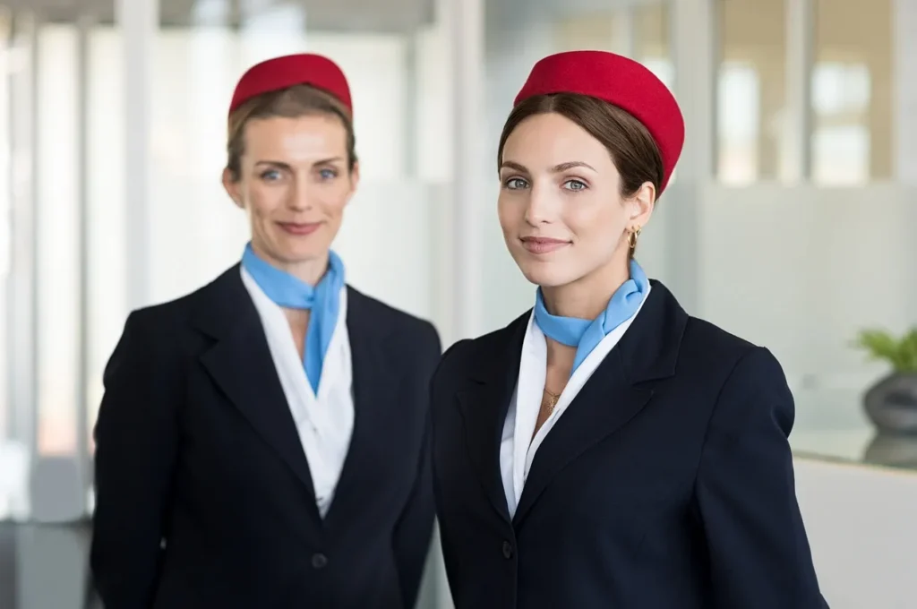 Dos mujeres uniformadas mostrando profesionalismo y variedad del producto de QUMA Uniformes